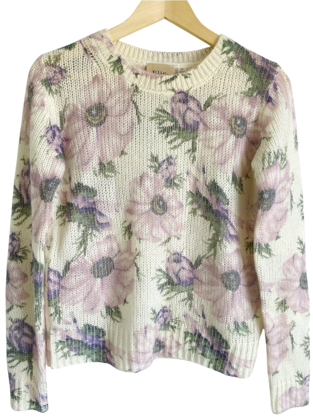 ELIE TAHARI Floral Crewneck Sweater Cream Floral Wool Mohair Small Old Money
